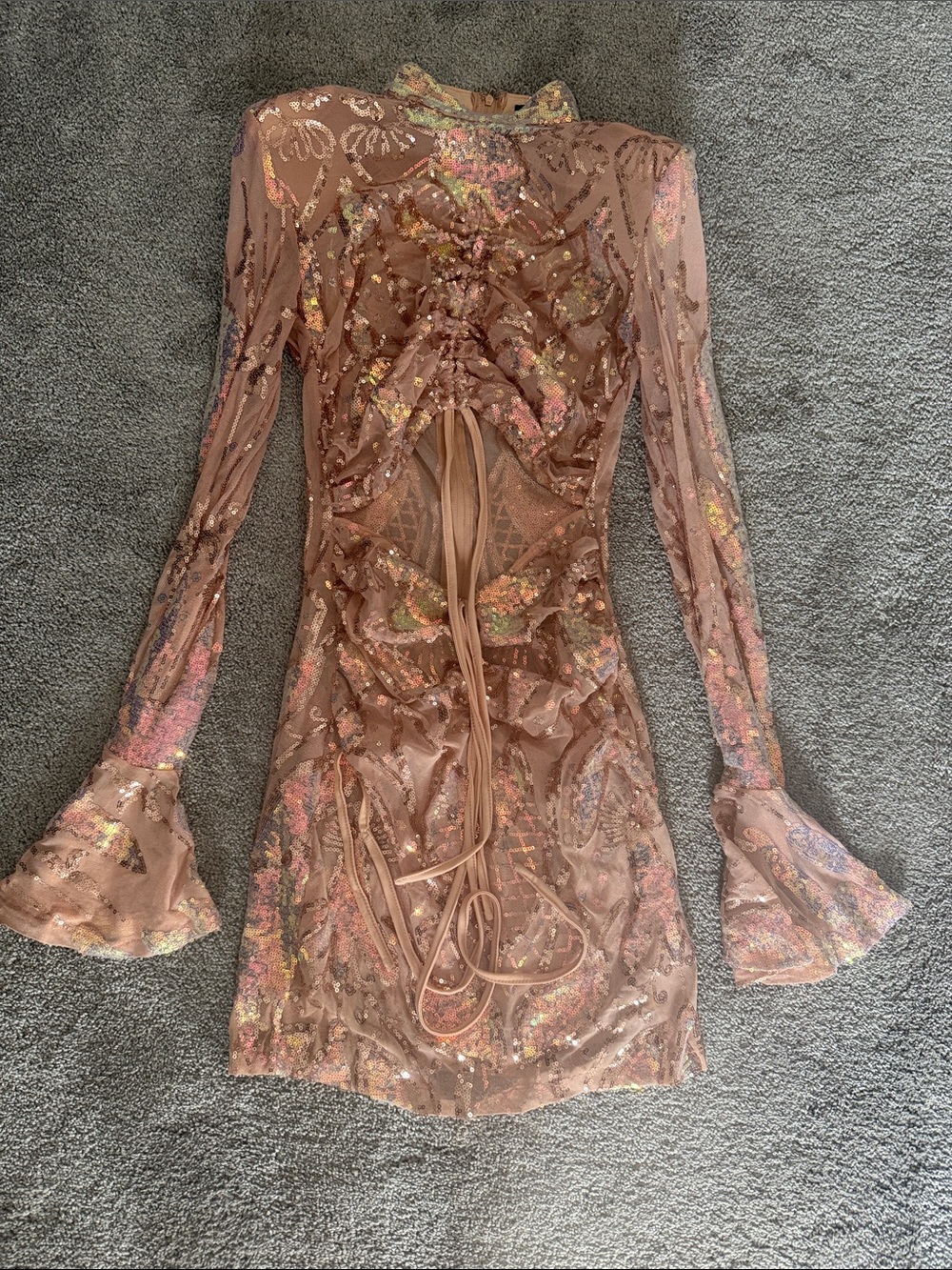 Banjul Sheer Lace-Up Long Sleeve Mini Dress in Blush Pink Cutout Midriff